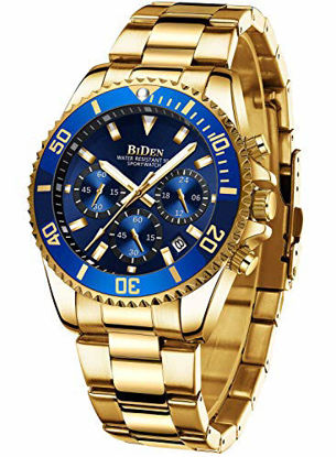Picture of Mens Watches Chronograph Gold Blue Stainless Steel Waterproof Date Analog Quartz Watch Business Casual Fashion Wrist Watches for Men