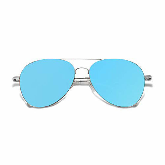 Picture of SOJOS Classic Aviator Mirrored Flat Lens Sunglasses Metal Frame with Spring Hinges SJ1030 with Silver Frame/Blue Mirrored Lens