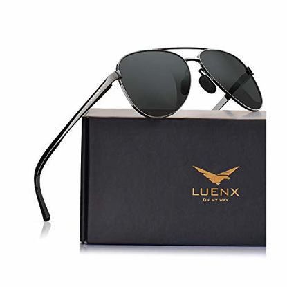 Picture of LUENX Men Women Aviator Sunglasses Polarized - UV 400 Protection Grey Non-Mirrored Lens Metal Frame with Accessories