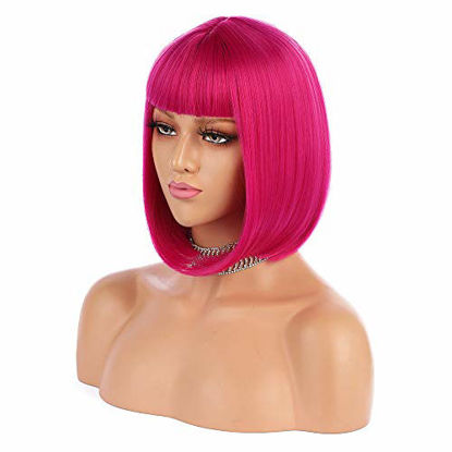 Picture of eNilecor Short Bob Hair Wigs 12" Straight with Flat Bangs Synthetic Colorful Cosplay Daily Party Wig for Women Natural As Real Hair+ Free Wig Cap (Hot Pink)