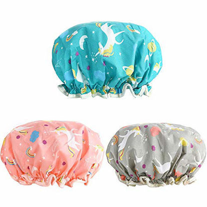 Picture of Shower Caps, 3 PACK Bath Cap for Women Waterproof & Adjustable Double Layered Shower Cap (Multi-colored6)