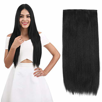 Picture of REECHO 24" 1-pack 3/4 Full Head Straight Clips in on Synthetic Hair Extensions Hair pieces for Women 5 Clips 5.0 Oz Per Piece - Natural Black
