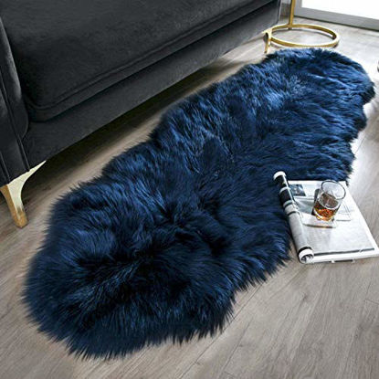 Picture of Ashler Soft Faux Sheepskin Fur Chair Couch Cover Navy Blue Area Rug for Bedroom Floor Sofa Living Room 2 x 6 Feet