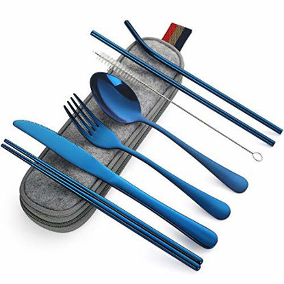 Picture of Devico Portable Utensils, Travel Camping Cutlery Set, 8-Piece including Knife Fork Spoon Chopsticks Cleaning Brush Straws Portable Case, Stainless Steel Flatware set (8-piece Blue)
