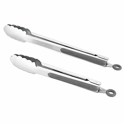 Picture of 304 Stainless Steel Kitchen Cooking Tongs, 9" and 12" Set of 2 Sturdy Grilling Barbeque Brushed Locking Food Tongs with Ergonomic Grip, Grey