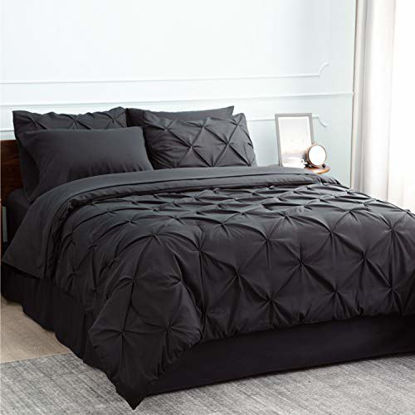 Picture of Bedsure Comforter Set Twin Bed in A Bag Black 6 Pieces - 1 Pinch Pleat Comforter(68X88 inches), 1 Pillow Sham, 1 Flat Sheet, 1 Fitted Sheet, 1 Bed Skirt, 1 Pillowcase