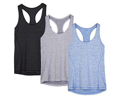 Picture of icyzone Workout Tank Tops for Women - Racerback Athletic Yoga Tops, Running Exercise Gym Shirts(Pack of 3)(XS, Black/Granite/Blue)