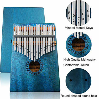 Picture of Kalimba Thumb Piano 17 Keys with mahogany Wood Portable Mbira Finger Piano Gifts for Kids and piano Beginners Professional Bright blue