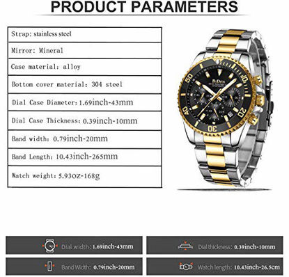 Picture of Mens Watches Chronograph Black Gold Stainless Steel Waterproof Date Analog Quartz Watch Business Wrist Watches for Men