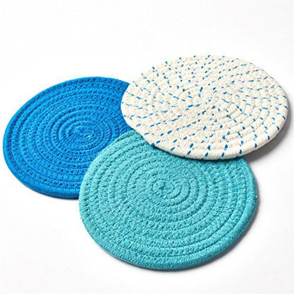 Picture of Kitchen Pot Holders Set Trivets Set 100% Pure Cotton Thread Weave Hot Pot Holders Set (Set of 3) Stylish Coasters, Hot Pads, Hot Mats, Spoon Rest For Cooking and Baking by Diameter 7 Inches (Blue)