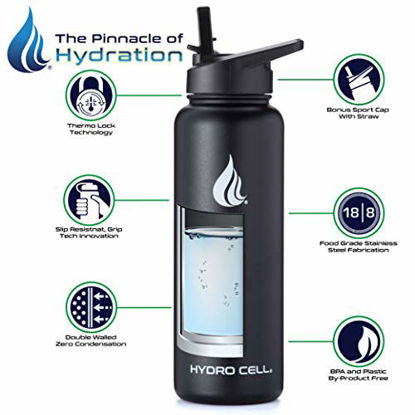 Picture of HYDRO CELL Stainless Steel Water Bottle with Straw & Wide Mouth Lids (40oz) - Keeps Liquids Perfectly Hot or Cold with Double Wall Vacuum Insulated Sweat Proof Sport Design (Black 40oz)