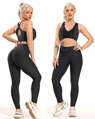 Picture of FITTOO Women's High Waist Yoga Pants Tummy Control Scrunched Booty Leggings Workout Running Butt Lift Textured Tights Peach Butt Black(S)