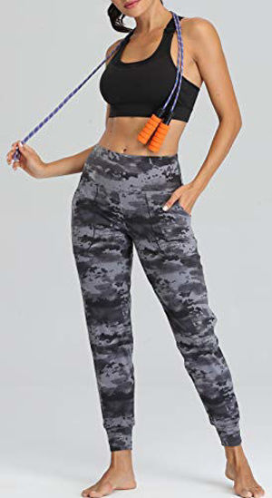 Oalka Women's Joggers High Waist Yoga Pockets Sweatpants Sport Workout  Pants Black Flake Ice XXL
