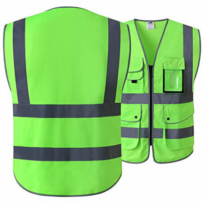 Picture of JKSafety 9 Pockets Class 2 High Visibility Zipper Front Safety Vest With Reflective Strips, Meets ANSI/ISEA Standards (Medium, Green)