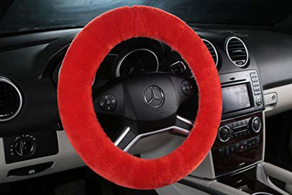 Picture of ANDALUS Car Steering Wheel Cover, Fluffy Pure Australia Sheepskin Wool, Universal 15 inch (Tangerine Red)