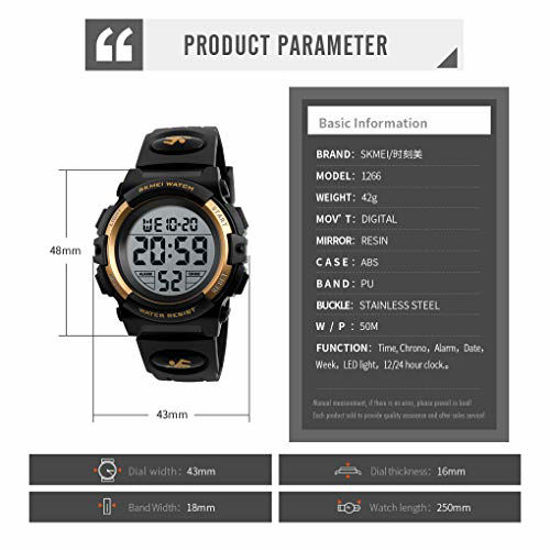 Picture of Boys Digital Watch Outdoor Sports 50M Waterproof Electronic Watches Alarm Clock 12/24 H Stopwatch Calendar Wristwatch - Gold
