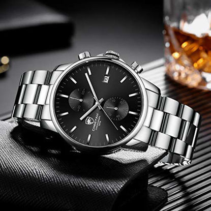 Picture of GOLDEN HOUR Men's Watches with Silver Stainless Steel and Metal Casual Waterproof Chronograph Quartz Watch, Auto Date in Black Dial
