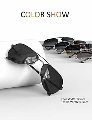 Picture of LUENX Aviator Sunglasses for Mens Womens Polarized Black Lens Black Metal Frame 60mm
