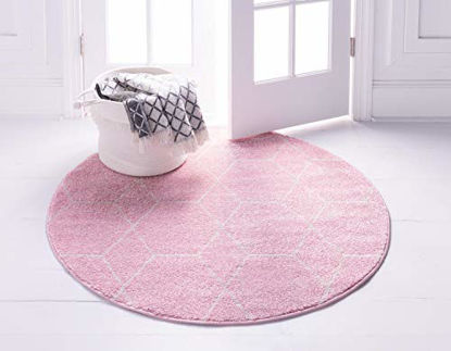 Picture of Unique Loom Trellis Frieze Collection Lattice Moroccan Geometric Modern Pink Round Rug (5' 0 x 5' 0)