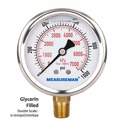 Picture of Measureman 2-1/2" Dial Size, Liquid Filled Pressure Gauge, 0-1000psi/7000kpa, 304 Stainless Steel Case, 1/4"NPT Lower Mount