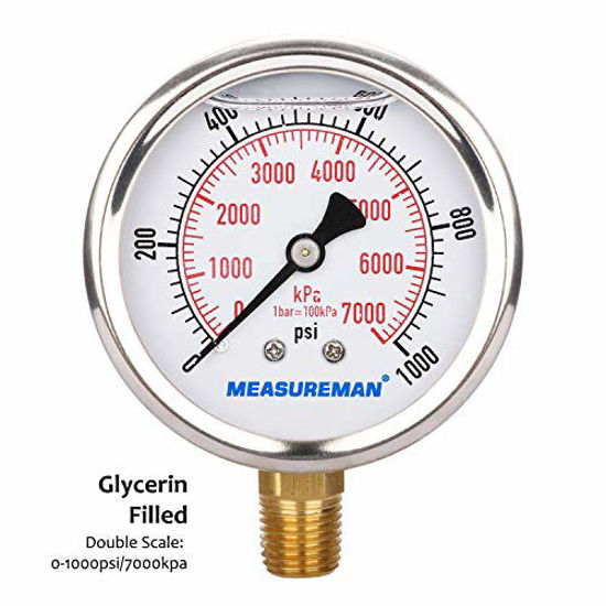 Picture of Measureman 2-1/2" Dial Size, Liquid Filled Pressure Gauge, 0-1000psi/7000kpa, 304 Stainless Steel Case, 1/4"NPT Lower Mount