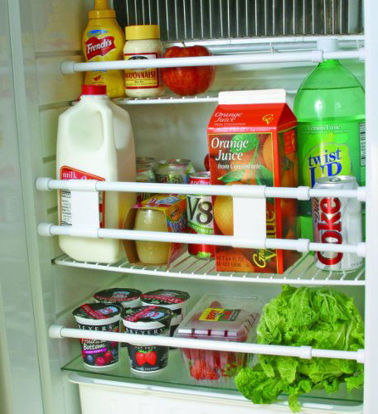 Picture of Camco 28" Double RV Refrigerator Bar, Holds Food and Drinks in Place During Travel, Prevents Messy Spills, Spring Loaded and Extends Between 16" and 28" - White (44073)