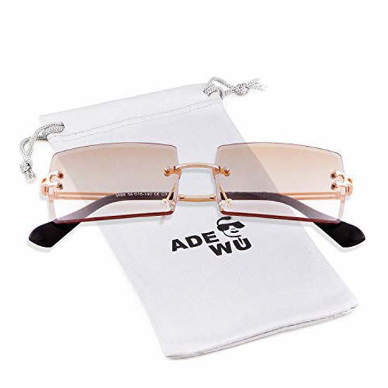 Picture of ADE WU Rectangle Sunglasses For Women,Fashion Sheer Pink,Blue Lens,Rimeless Glasses Trendy