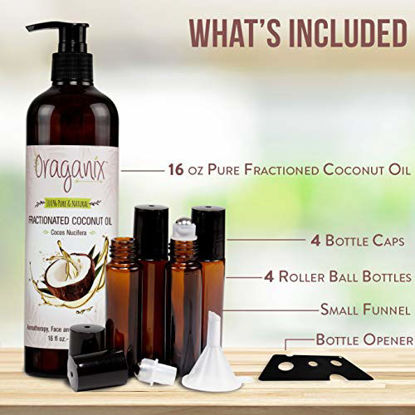Picture of Oraganix Fractionated Coconut Oil with Roller Bottles - 100% Pure Natural 16 Oz Coconut Oil, 2ml Essential Oil Roller Bottles, Caps, Funnel and Bottle Opener - for Massage Oil, Skin and Hair Care