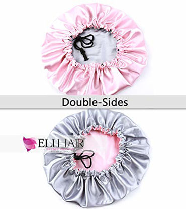 Picture of ELIHAIR Night Sleep Satin Cap for Women Girls Natural Hair Extra Large Satin Bonnet Cover Double Side Satin Cap Pink/Silvery Grey