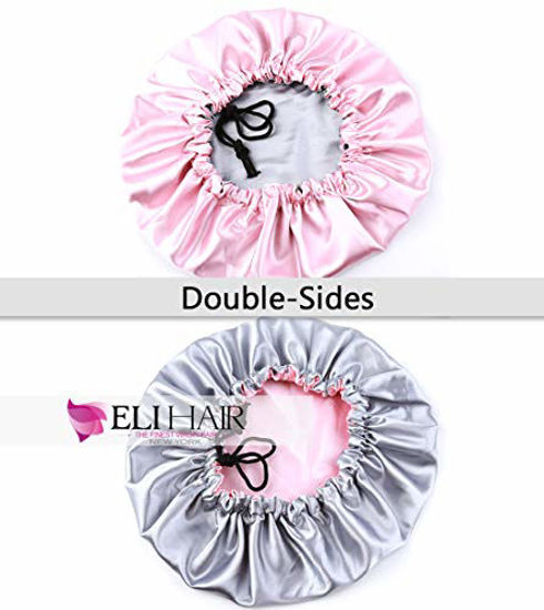 Picture of ELIHAIR Night Sleep Satin Cap for Women Girls Natural Hair Extra Large Satin Bonnet Cover Double Side Satin Cap Pink/Silvery Grey