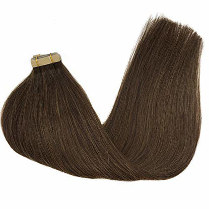 Picture of GOO GOO 20 inch Human Hair Extensions Tape in Chocolate Brown Real Natural Hair Extensions Tape in Skin Weft Silky Straight 50g 20pcs