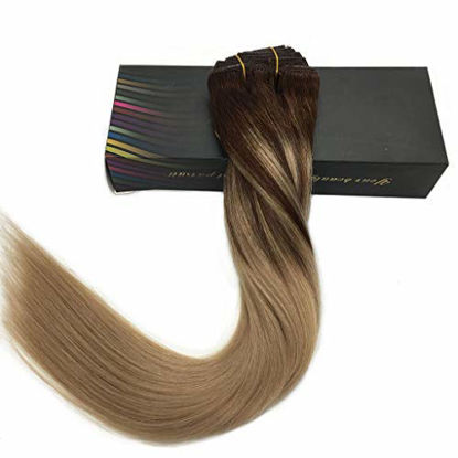 Picture of GOO GOO 120g Clip in Hair Extensions Ombre Chocolate Brown Fading to Dirty Blonde Real Remy Human Hair Extensions Clip in Double Weft Hair Extensions 7 Pieces 22 inch