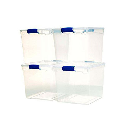 Picture of HOMZ 3430CLRDC.04 Plastic Storage, Modular Stackable Storage Bins with Blue Latching Handles, 31 Quart, Clear, 4-Pack