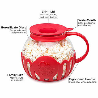 Picture of Ecolution Original Microwave Micro-Pop Popcorn Popper Borosilicate Glass, 3-in-1 Silicone Lid, Dishwasher Safe, BPA Free, 3 Quart Family Size, Red