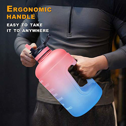 Picture of ADOLPH Large Half Gallon Motivational Water Bottle with 2 Lids (Chug and Straw), Leakproof BPA Free Tritan Sports Water Jug with Time Marker to Ensure You Drink Enough Water -Pink/Blue Gradient