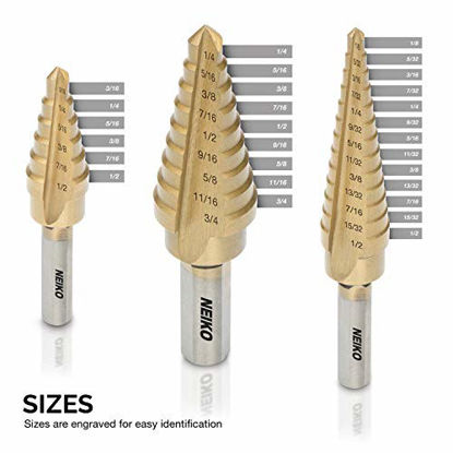 Picture of Neiko 10193A Titanium Step Drill Bit Set, High Speed Steel | 3-Piece Set | Total 28 Sizes