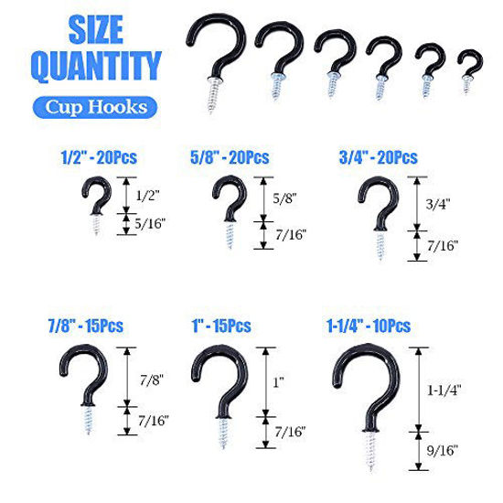 Picture of Glarks 100-Pieces 6 Sizes Black Vinyl Coated Cup Hooks Screw-in Ceiling Hooks Screw Hooks Mug Hooks Hangers Assortment Kit for Home and Office Use