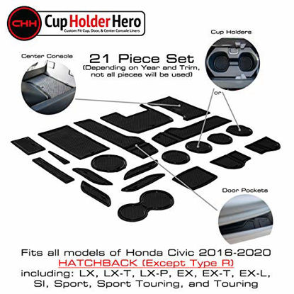 Picture of CupHolderHero for Honda Civic Accessories 2016-2021 Premium Custom Interior Non-Slip Anti Dust Cup Holder Inserts, Center Console Liner Mats, Door Pocket Liners 21-pc Set (Hatchback) (Solid Black)