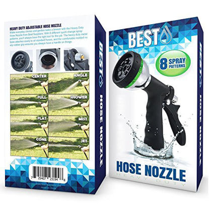Picture of BEST Garden Hose Nozzle (HIGH Pressure Technology) - 8 Way Spray Pattern - Jet, Mist, Shower, Flat, Full, Center, Cone, and Angel Water Sprayer Settings - Rear Trigger Design - Steel Chrome Design