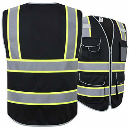 Picture of JKSafety 9 Pockets High Visibility Zipper Front Safety Vest Black with Dual Tone High Reflective Strips Meets ANSI/ISEA Standards (Black Yellow Strips, Medium)