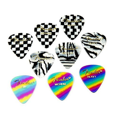 Picture of Fender 351 Shape Graphic Picks (12 Pack) for electric guitar, acoustic guitar, mandolin, and bass, 351 - Thin, Multicolor (Zebra)