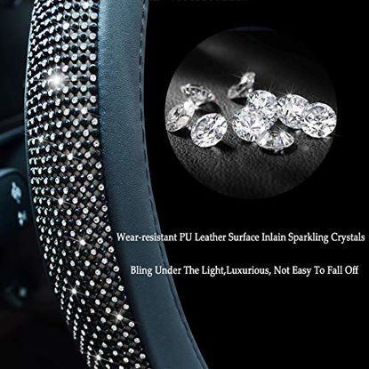 Picture of Bling Bling Rhinestones Steering Wheel Cover for Women Diamand Crystal Steering Wheel Cover with PU Leather Universal Fit 15 Inch Black