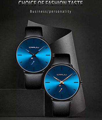 Picture of Mens Watches Ultra-Thin Minimalist Waterproof-Fashion Wrist Watch for Men Unisex Dress with Black Leather Band-Gold Hands Blue Face