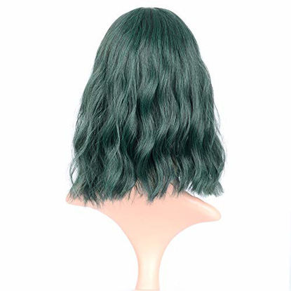 Picture of VCKOVCKO Short Bob Wigs Pastel Wavy Wig With Air Bangs Women's Shoulder Length Wigs Curly Wavy Synthetic Cosplay Wig Pastel Bob Wig for Girl Colorful Costume Wigs(12", Mix Green)
