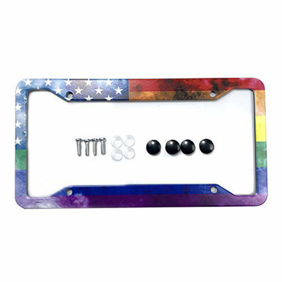 Picture of EXMENI American Flag License Plate Frame Funny Rainbow Plate Frame Gay Pride Shining License Plate Cover Colorful Car Tag Frame USA Flag Design Car Accessories with 4 Holes and Screws