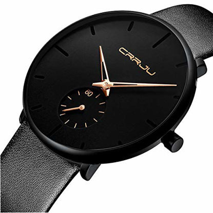 Picture of Mens Watches Ultra-Thin Minimalist Waterproof-Fashion Wrist Watch for Men Unisex Dress with Leather Band-Gold Hands