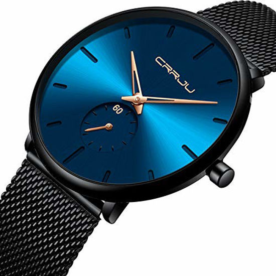 Picture of Mens Watches Ultra-Thin Minimalist Waterproof-Fashion Wrist Watch for Men Unisex Dress with Stainless Steel Mesh Band-Gold HandsBlack Band Blue Face