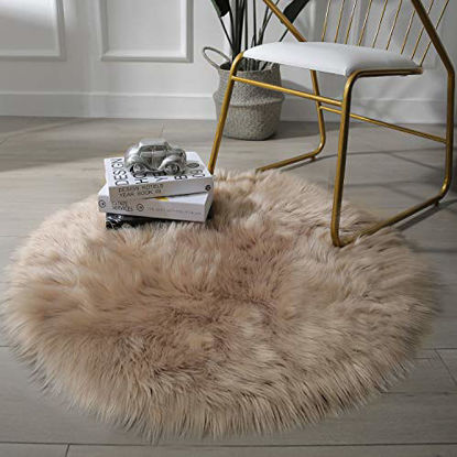 Picture of Ashler Faux Fur Beige Round Area Rug Indoor Ultra Soft Fluffy Bedroom Floor Sofa Living Room 35" x 35"