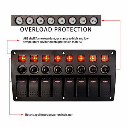 Picture of 4/6 / 8 Gang Pre Wired Rocker Switch Panel - Waterproof On/Off Toggle Rocker, 12V 24V with Fuse, Circuit Breaker with 3 Pin Red LED Indicator for RV, Cars, Marine, Boat, Yacht