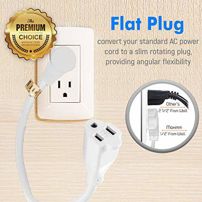 Picture of Maximm Cable 6 Feet 360° Rotating Flat Plug Extension Cord/Wire, 3 Prong Grounded Wire 16 Awg Power Cord - White